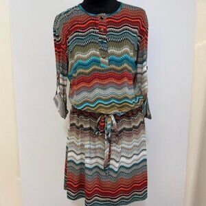 VeronicaM Retro Aztec Dress Sz S Drop Tie Waist Boho Comfort 3/4 Length Sleeve